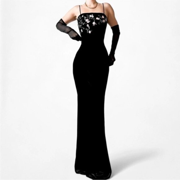 Betsy & Adam Black Velvet Pink Floral Embroidery Spaghetti Strap Maxi Dress - Picture 1 of 12